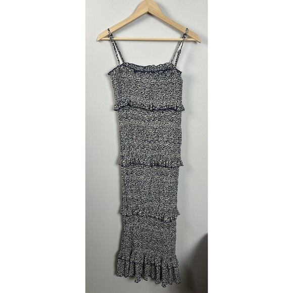 Mable Daphne Smocking Detailed Long Dress Midi Blue Floral Ruffle Women’s - Picture 3 of 9